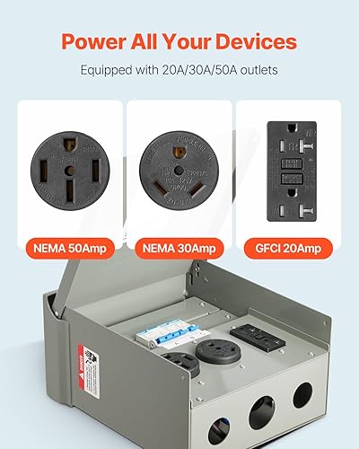 Vista 3 de VEVOR Panel de toma de corriente temporal, resistente a la intemperie con receptáculo de 20/30/50 amperios instalado, circuito precableado NEMA