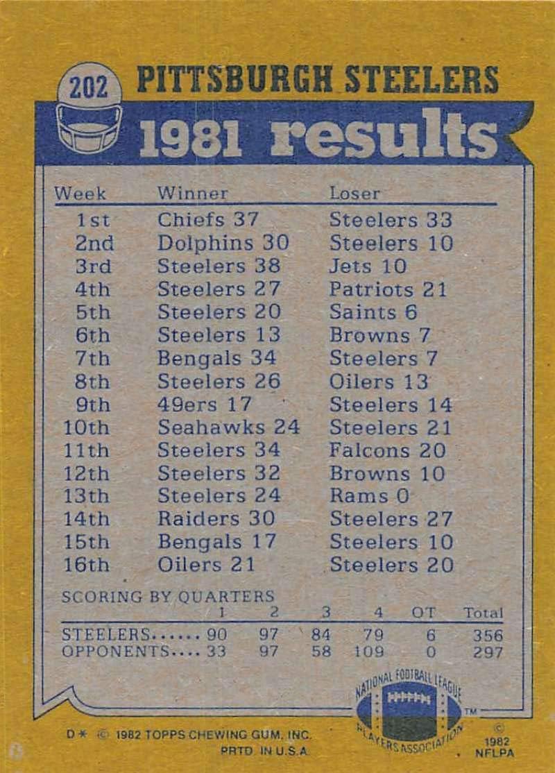 1982 Topps Football #202 Franco Harris/Mel Blount/Jack Lambert/John Stallworth/Gary Dunn Pittsburg Steelers TL