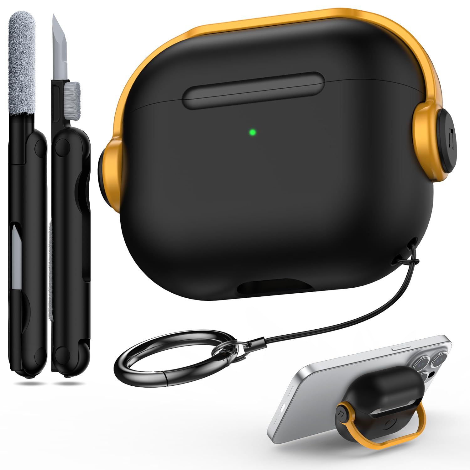R-fun Airpods 3rd Generation Case with Secure Lock, Music Earbuds Protective Cover with Cleaning Kit Compatible with Apple Airpods 3 Charging Case 2021 - Black and Yellow