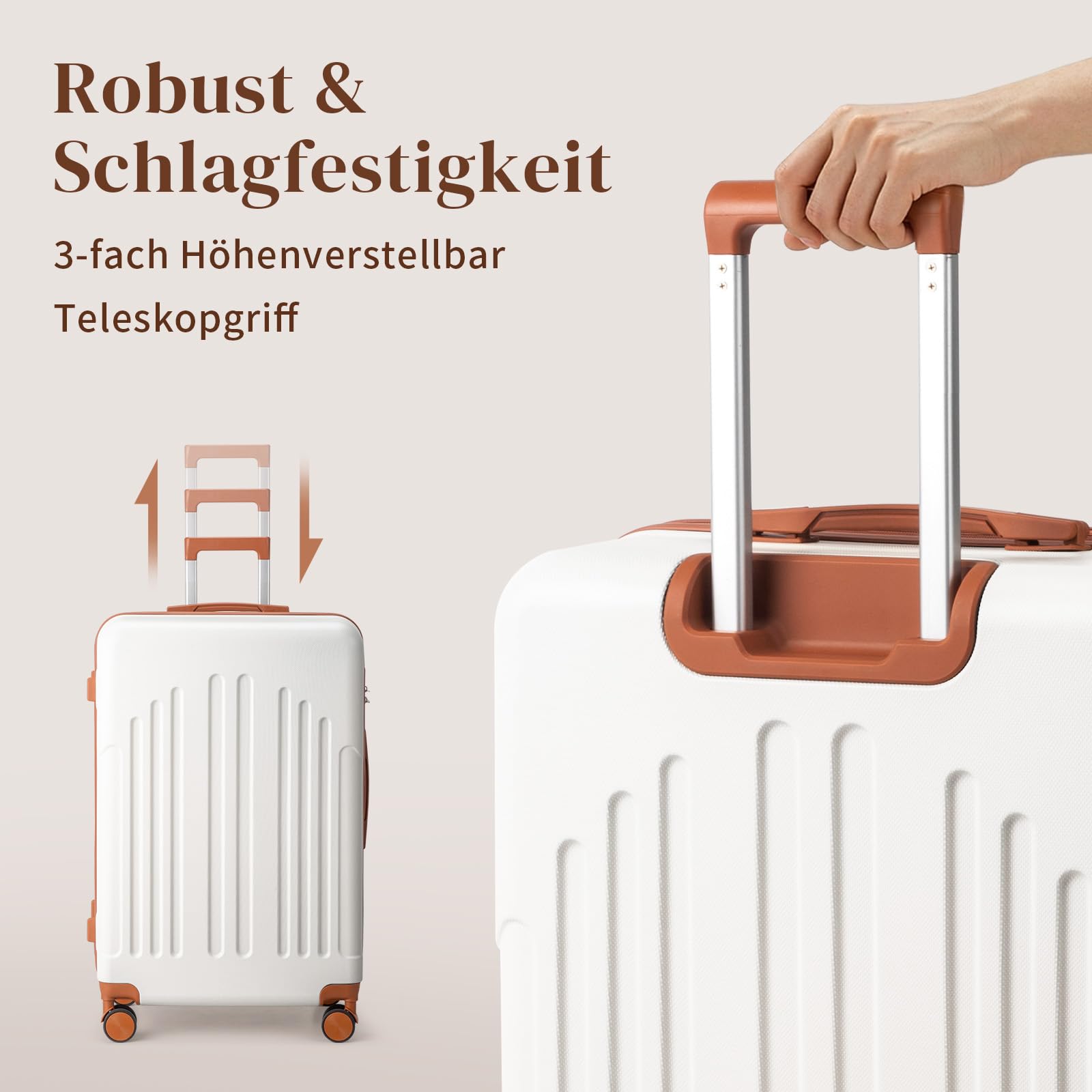 LALAHO Kofferset 5 teilig mit Kosmetikkoffer, Hartschalen Koffer Set aus ABS, Reisekoffer Set, Gepäckset mit Schminkkoffer, Handgepäck, Beige-Braun