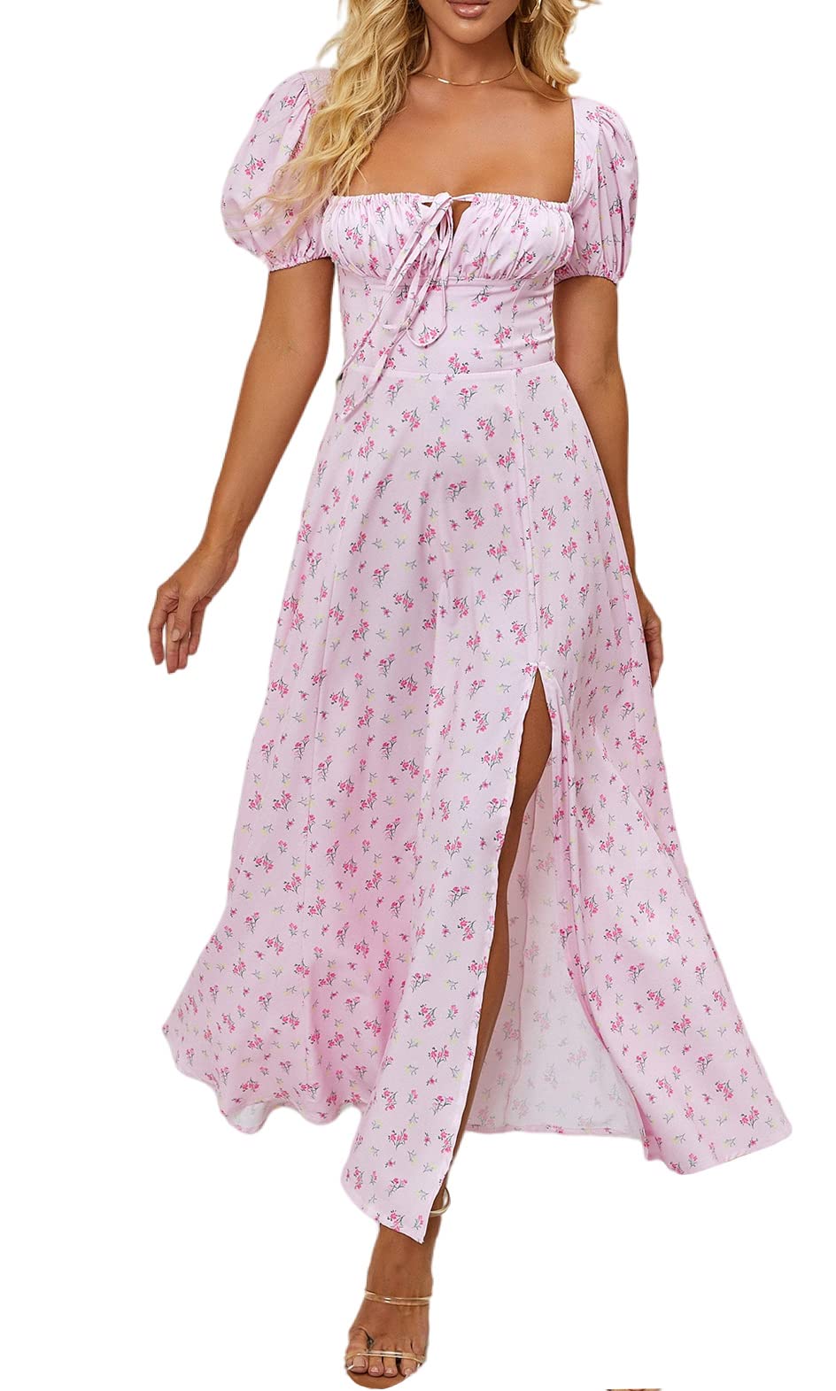KUTUMAI Women Summer Puff Sleeve Off Shoulder Floral Flowy Long Maxi Dress