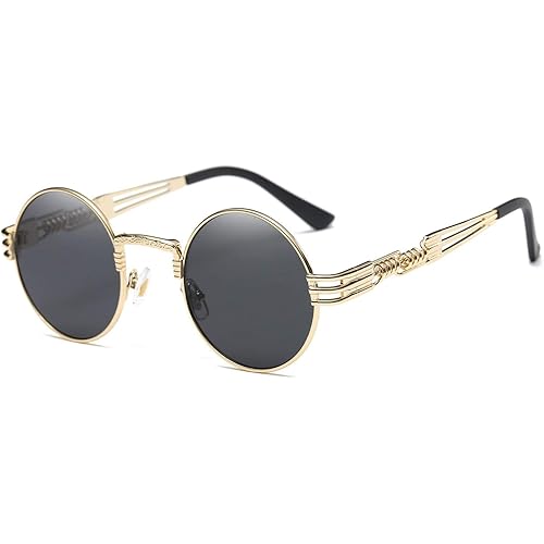 Dollger Round Sunglasses Black Steampunk Glasses Gold Metal Frame Mirror Lens Sunglasses