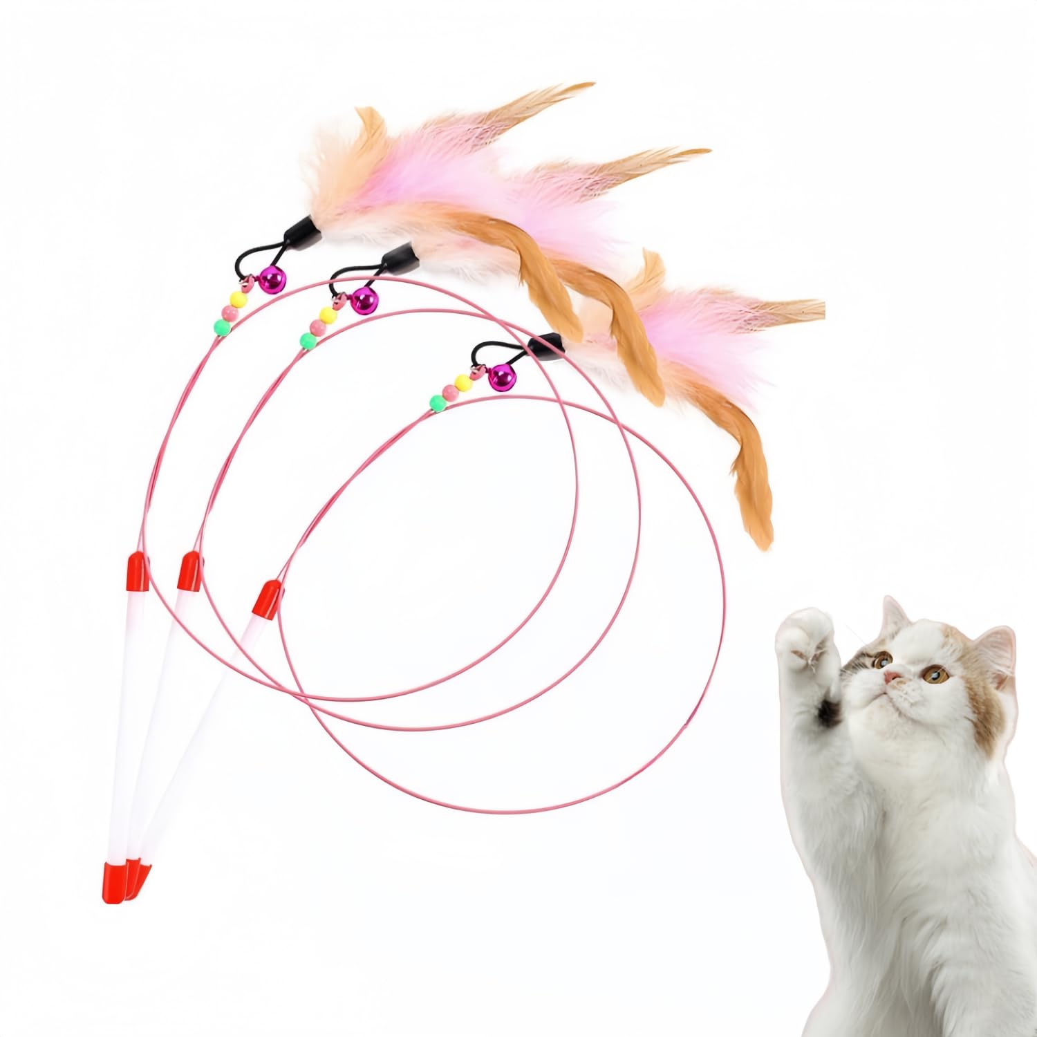 qixiang 3 Pcs Cat Wand Toy,Interactive Catcher and Exerciser Wand for Cats and Kitten Playing,with Bell for Indoor Cat