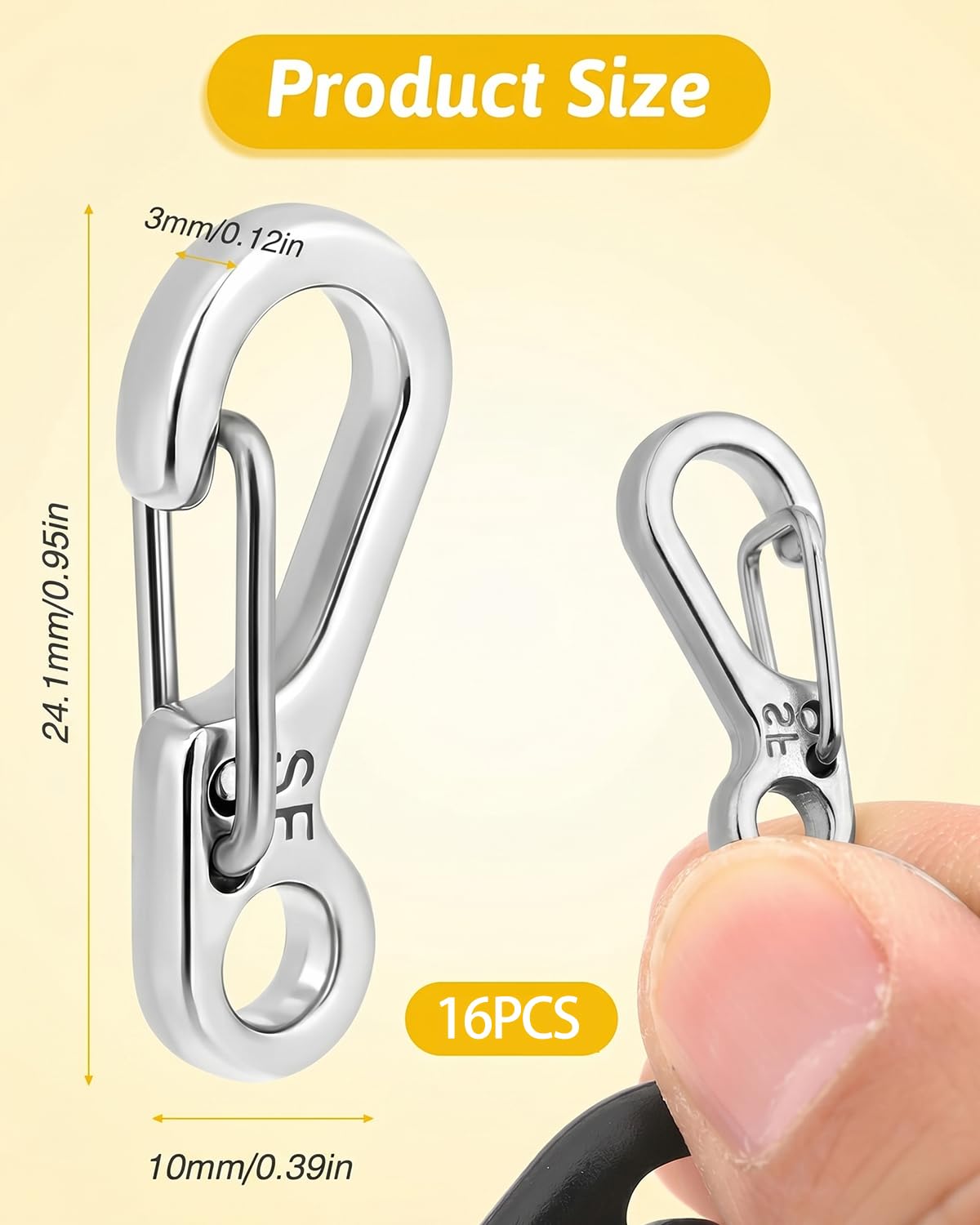 TISCH 16 Mini Moschettoni Piccoli S-Form 2.4cm Acciaio Inox per Portachiavi, Zaini, Fai da Te. 4 Colori (Argento, Nero, Antracite, Oro Pallido). Robusti e Versatili.