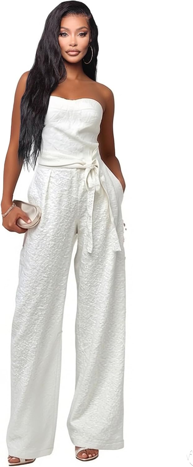 LightlyKiss Women's Casual Sleeveless Wide Leg Jumpsuit Fashion Pleated Long Pants Rompers