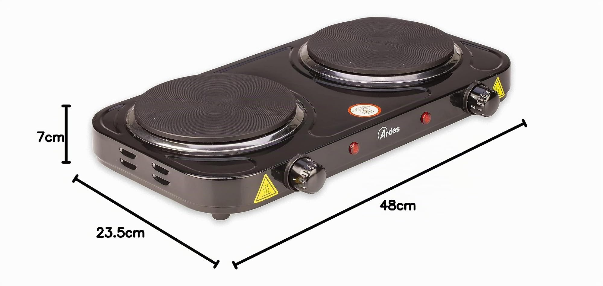 ARDES Hornillo eléctrico para cocinar, de 2500W en acero pintado para Camping y Cocina con 2 Placas de fundición Diámetro 15,5cm y 18 cm y 2 Termostatos Modelo TIKAPPA AR1F21 Negro