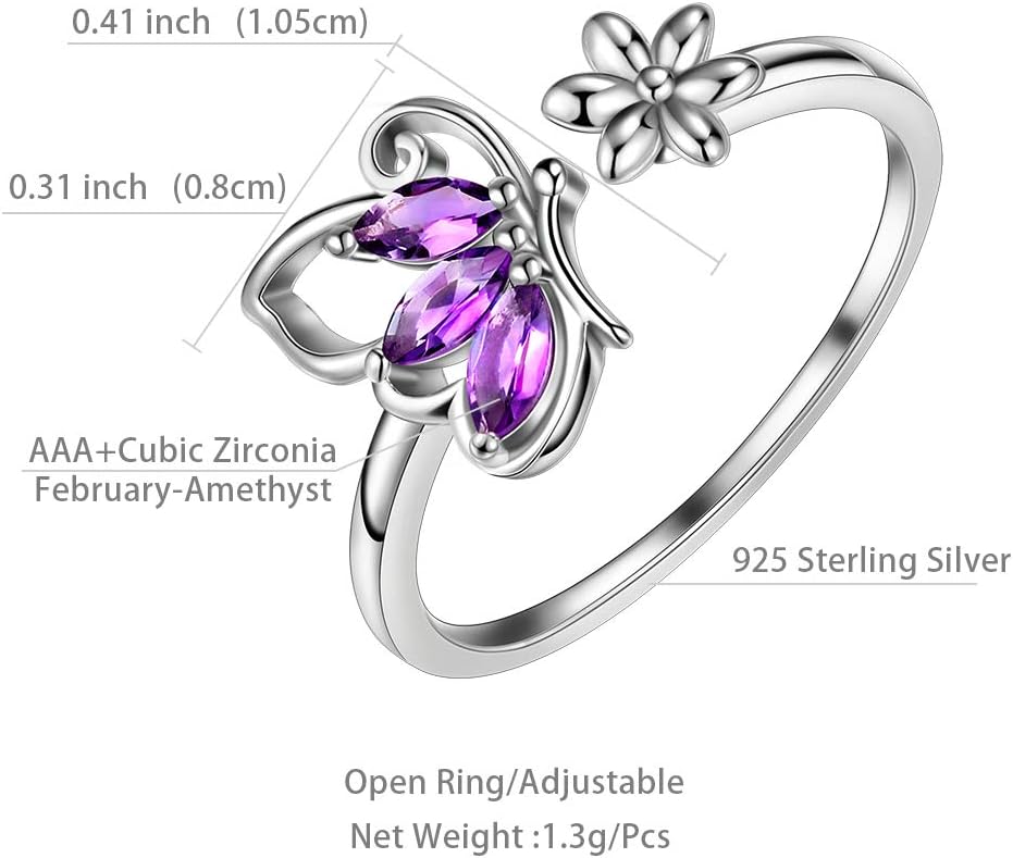 Aurora Tears Butterfly Birthstone Opening Ring - Women 925 Sterling Silver Butterflies Birthstone Opening Adjustable Ring Birthday Gift for Women