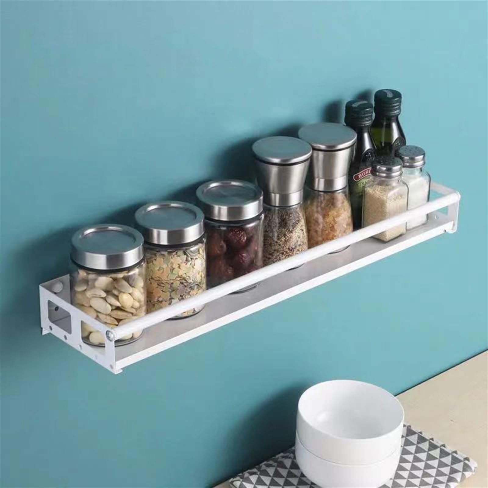 Organizador de especias Estantes organizadores de cocina montaje en pared, estante almacenamiento for tarros especias, soporte for condimentos, acero inoxidable, accesorios(Black-50*12.5*5cm)