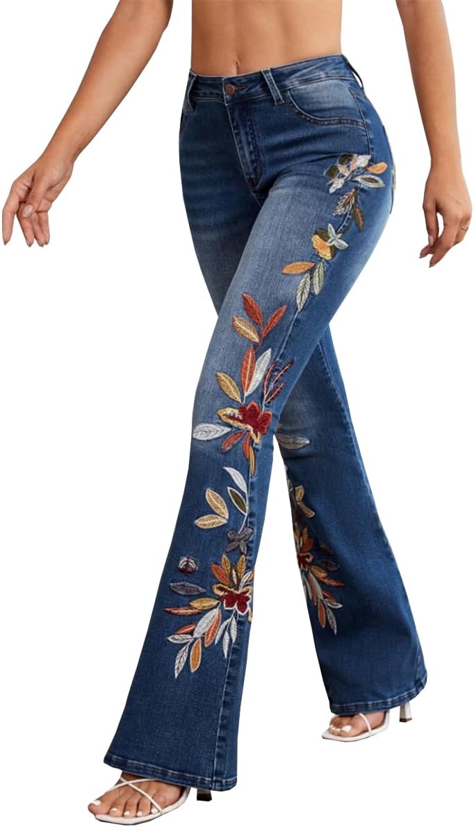 Jeans for Women High Waisted Flare Embroidered Trendy Fitted Flattering Denim Pants