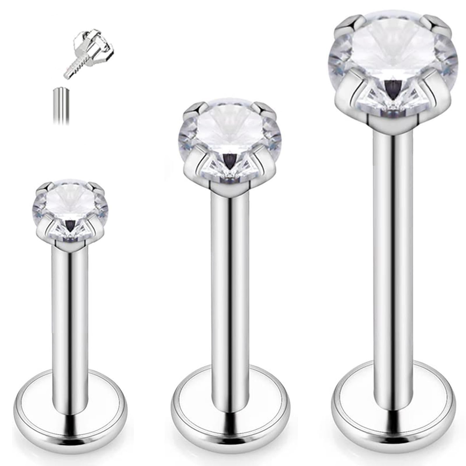 ESHIONER G23 Titanio Piercing Tragus Oreja Helix Labio Labret Inferior Nariz Stud Cartílago Helix Monroe Hipoalergénico Plata Oro Flatback Mujer Hombre 16g 6mm 8mm 10mm