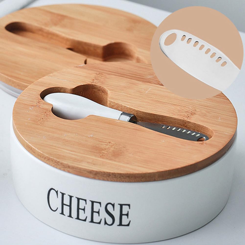 Caja de almacenamiento de queso de cerámica con tapa y cuchillos, perfecta para los amantes del queso, elegante decoración de cocina, ideal para fiestas y entretenimiento, mantiene el queso fresco y