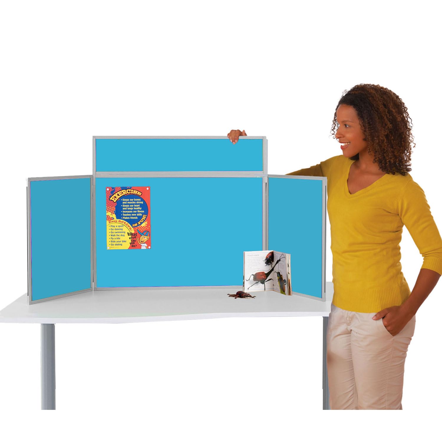 Wonderwall Tabletop Exhibition Folding 3 Panel Display Kit, Landscape, Lightweight, Cyan Pinboard, PVC Frame, Clip-on Header & Storage Bag, for Office, School, Exhibition, Info Hubs — image 1