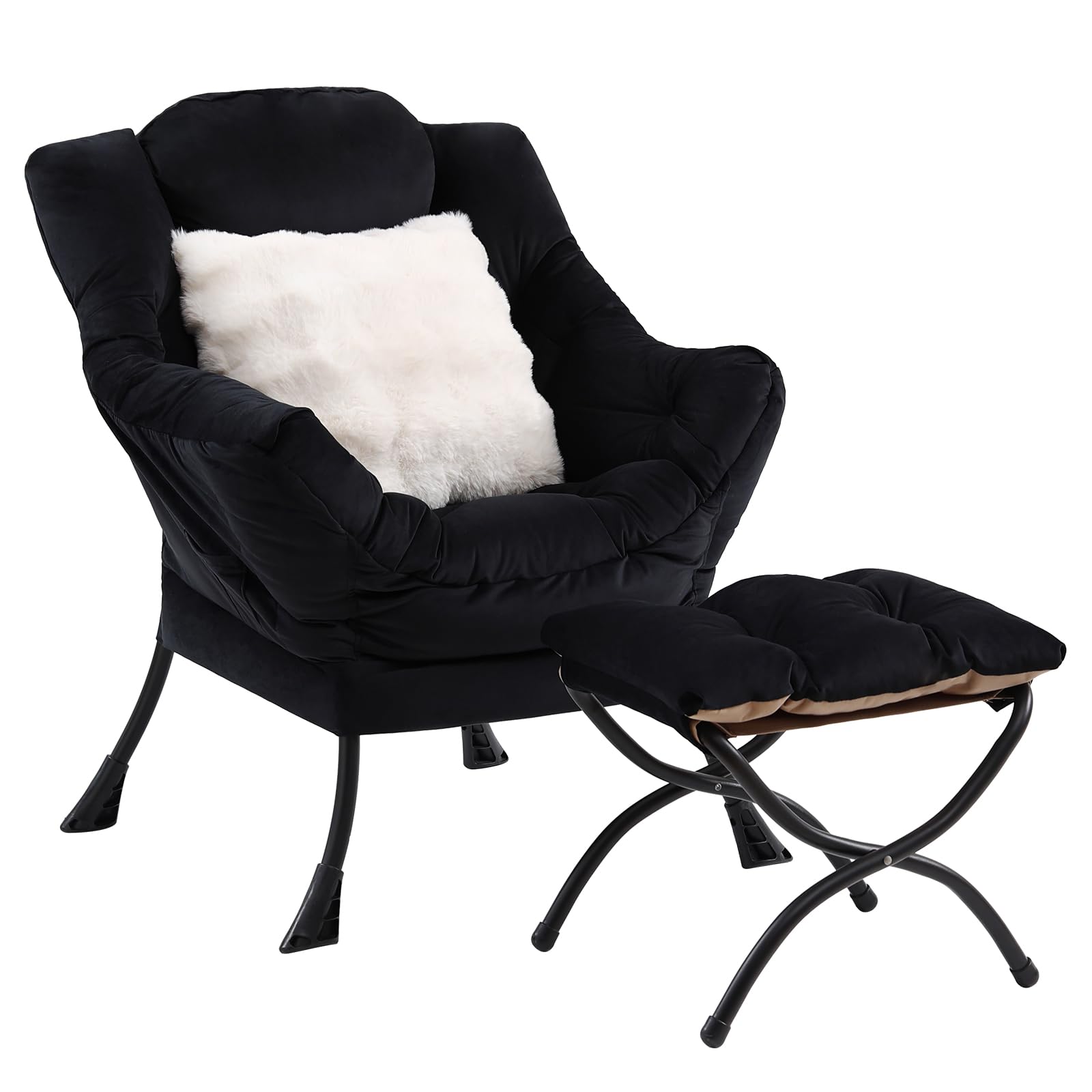 HomEastllyLazy Chair with Ottoman, Modern Lounge Accent Chair with Armrests and a Throw Pillow, Leisure Sofa Chair Set, Reading Chair with Footrest for Living Room, Bedroom, Dorm Room, Office, Black