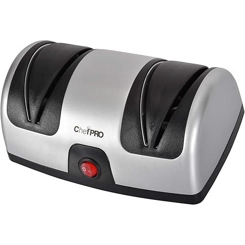 ELECTRIC KITCHEN KNIFE SHARPENER AND POLISHING SYSTEM by CHEF PRO, 2-Stage Sharpening, Compact And Easy-to-Use Design, Suction Cup Bottom and Easy Cleaning, Black-Silver
