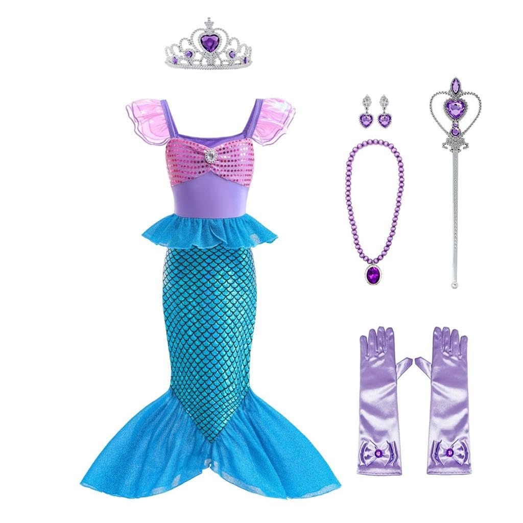 Lito Angels Deguisement Robe Petite Sirene Princesse Ariel Costume avec Perruque pour Enfant Fille Taille 2 à 9 ans, Violet Bleu - 1