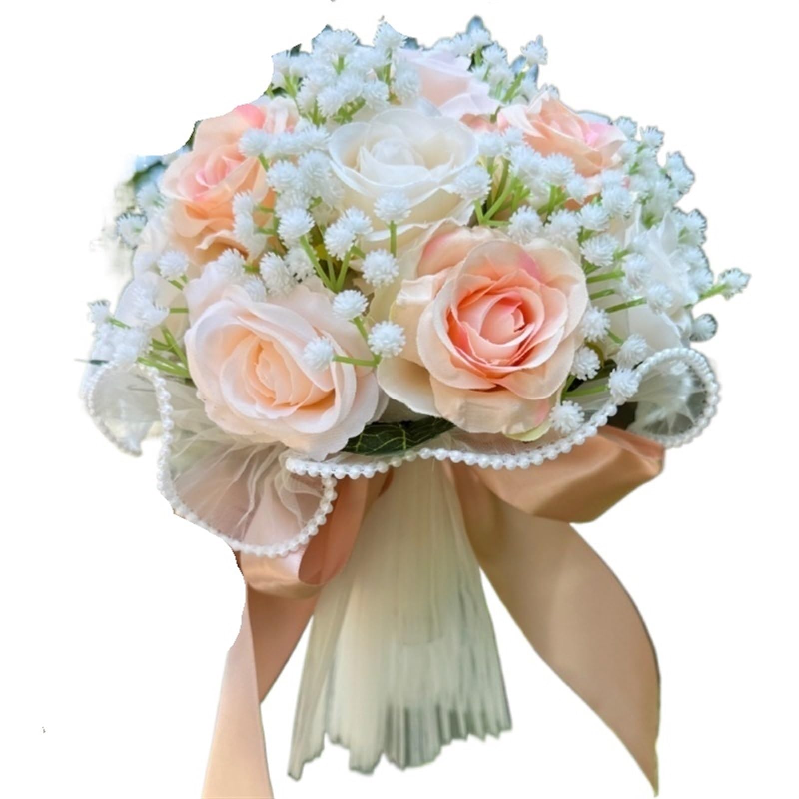 NDLHXKFRP Wedding bouquets for brides and bridesmaids, Wedding Bouquet Multicolor Rose Bridesmaid Silk Ribbon Pearl Lace Mesh Ball Gift(Champagne)