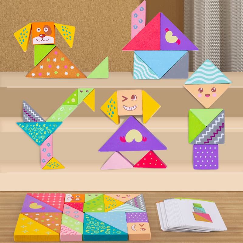 21 Pcs/Set Wooden Tangram Puzzle Toys for Toddlers Babies,Wood Stacking Building Jigsaw Puzzle Blocks for Kids,Wooden Pattern Blocks,Wooden Geometric Shape Puzzles Blocks for Toddlers 3-8