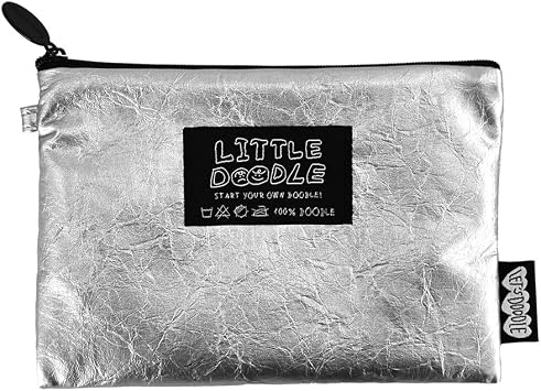 Monolike Little Doodle Flat Pouch, Silver - Makeup Bag, Cosmetic Bag, Travel Bag, Toiletry Bag, Organizer, Storage Bag