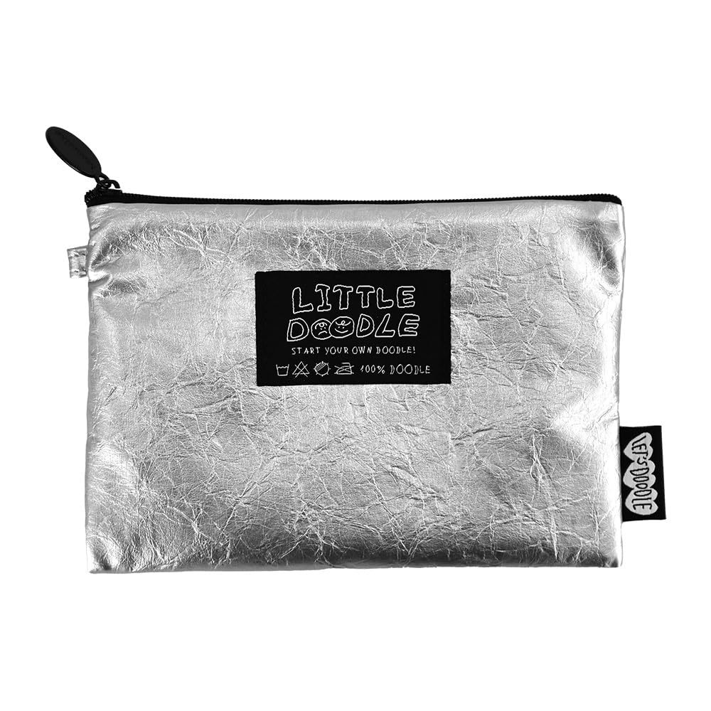 Monolike Little Doodle Flat Pouch, Silver - Makeup Bag, Cosmetic Bag, Travel Bag, Toiletry Bag, Organizer, Storage Bag