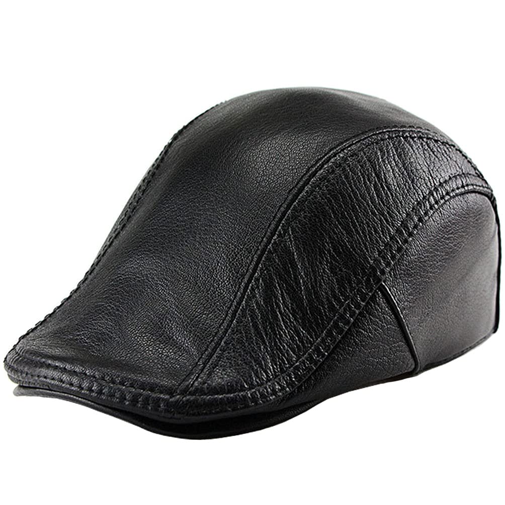 Men's Lambskin Leather Flat Cap Gatsby Newsboy Hats Beret Cabbie Hat, Black, One Size-picture-25