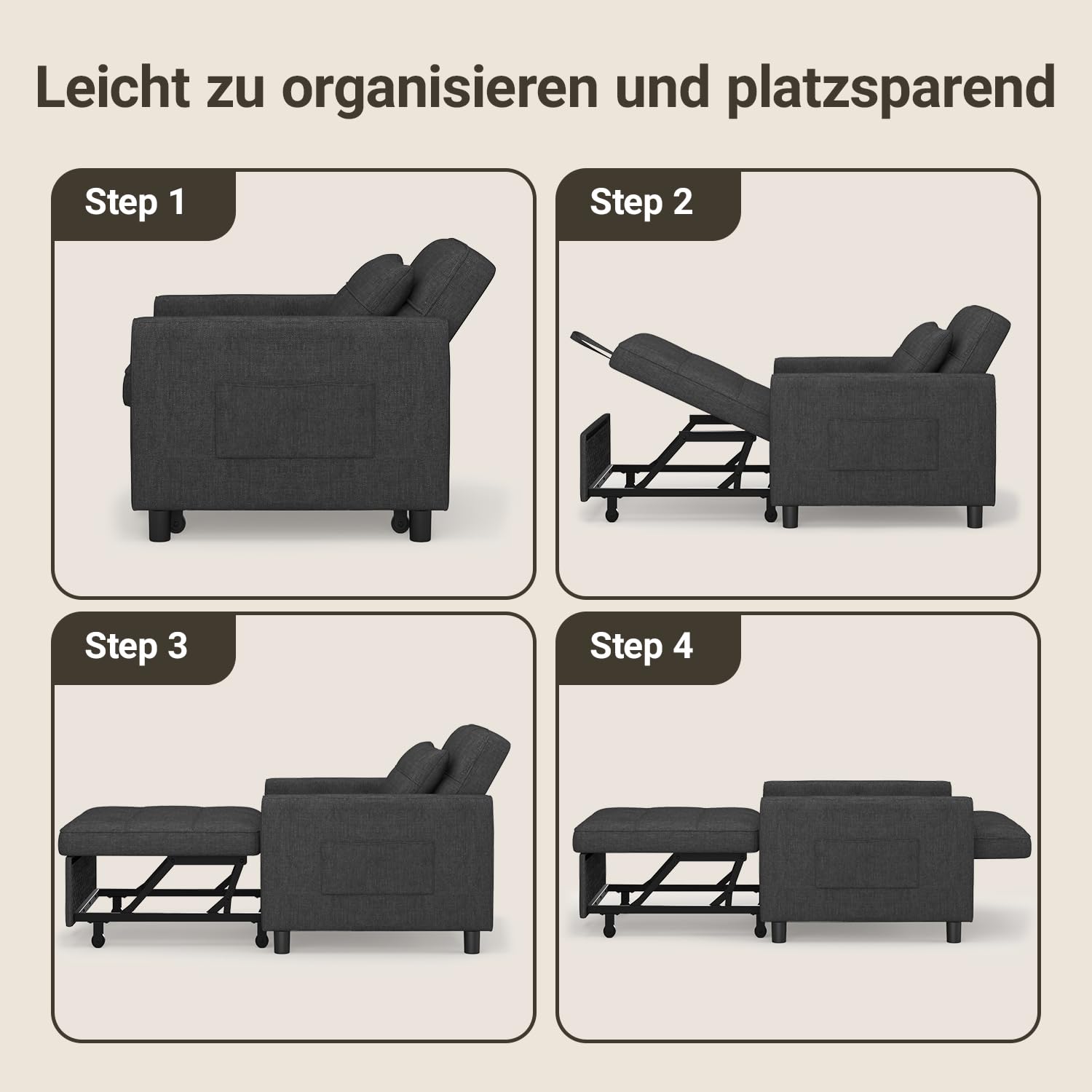Xbro Poltrona Letto Singolo 3 in 1, Schienale Regolabile, Divano Relax Salvaspazio con Borsa Integrata per Appartamento/Camera da Letto