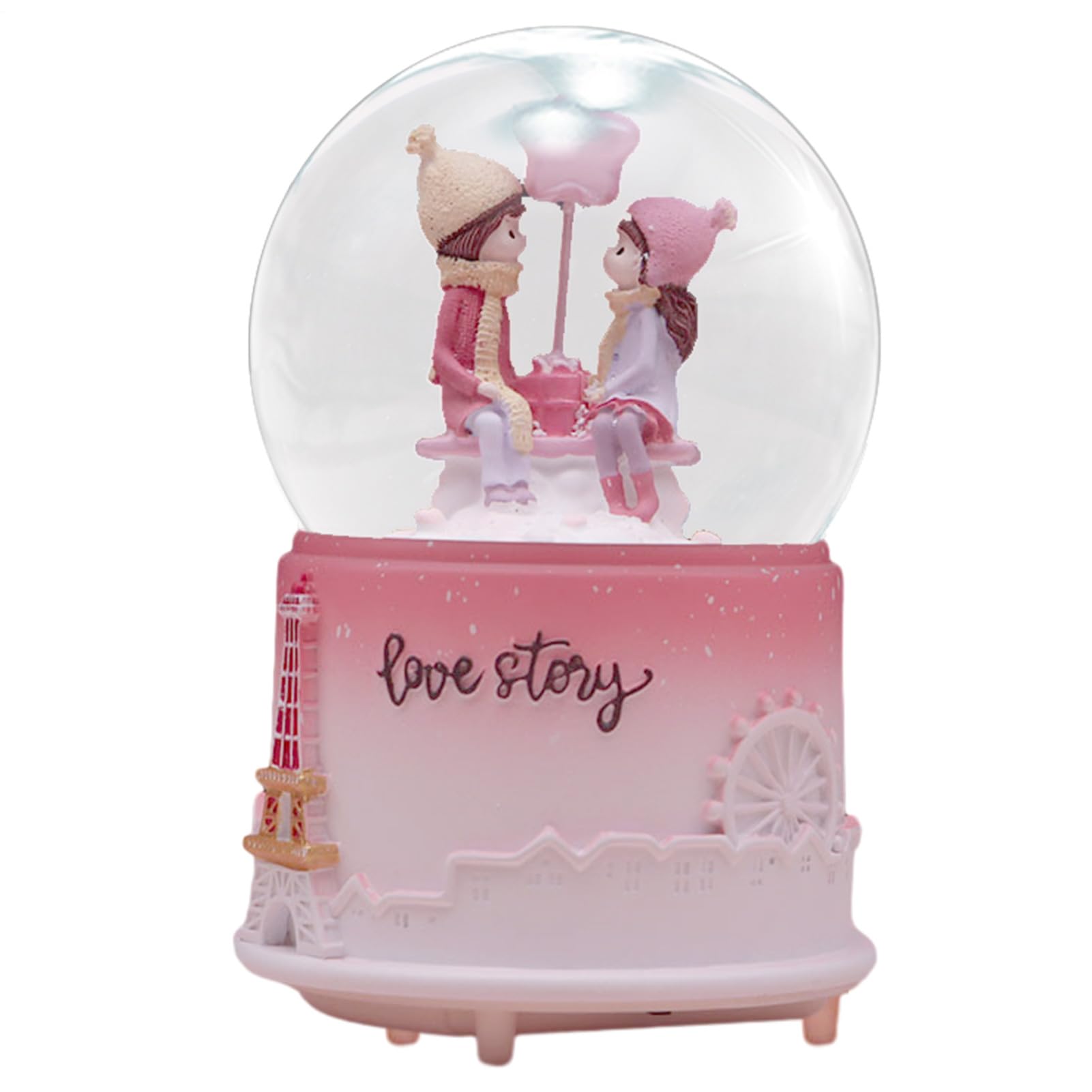 Globo de nieve musical iluminado con estatua de pareja y bola de cristal