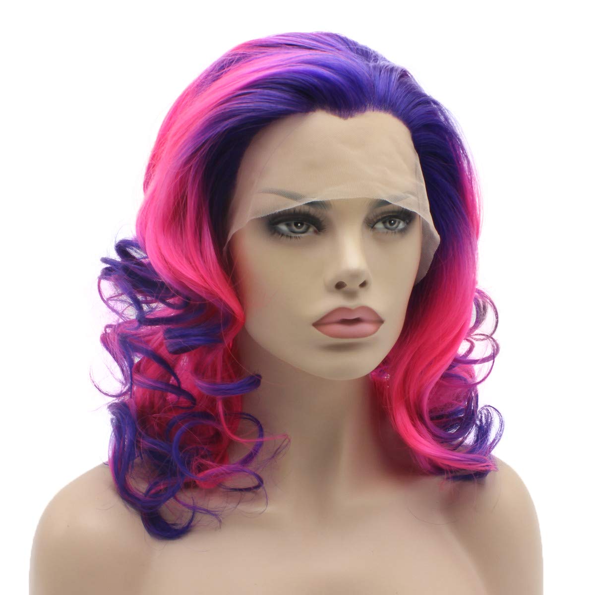 Lushy Shoulder Length 16inch Two Tone Purple Rose Red Ombre Wig Heat Friendly Heavy Density Realistic Synthetic Lace Front Wig