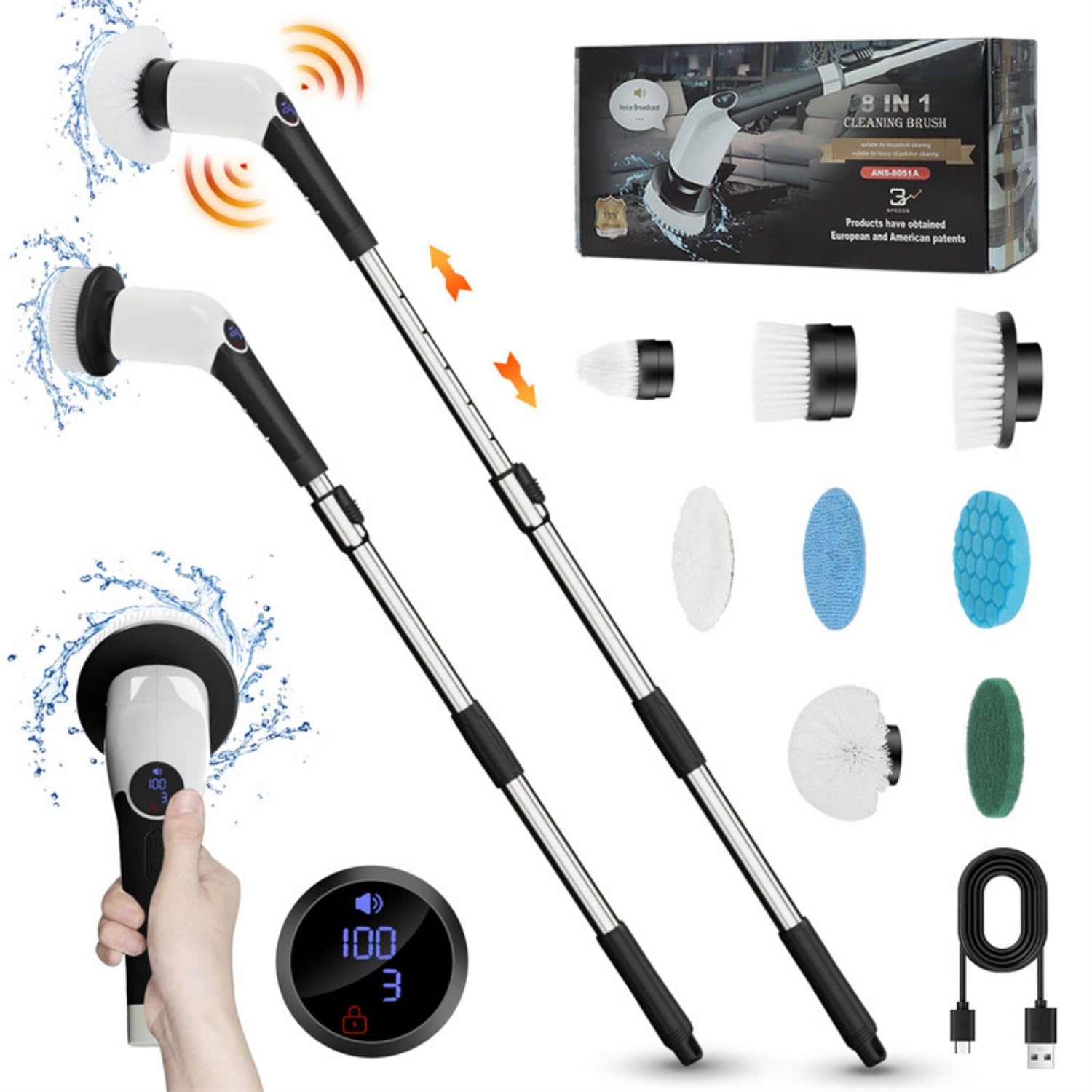 cllisElectric Spin Scrubber, Shower Scrubber for Cleaning, 3 Speeds Shower Cleaning Brush with Long Handle & 8 Replaceable Brush Heads, Adjustable Extension Handle Electric Scrubber for Bathroom,Tub