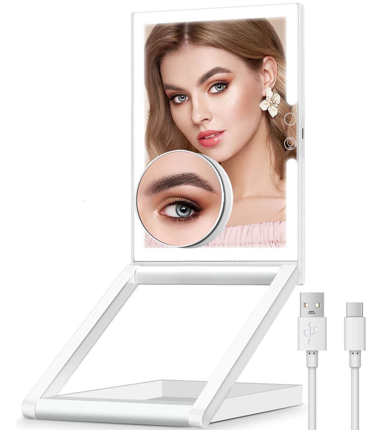 Makeup Mirror with Lights, Rechargeable Folding Makeup Vanity Mirror with 3 Colors Lighting 10x Magnification, Touch Screen Adjustable Brightness, Height and Angle Adjust Portable Travel Mirror