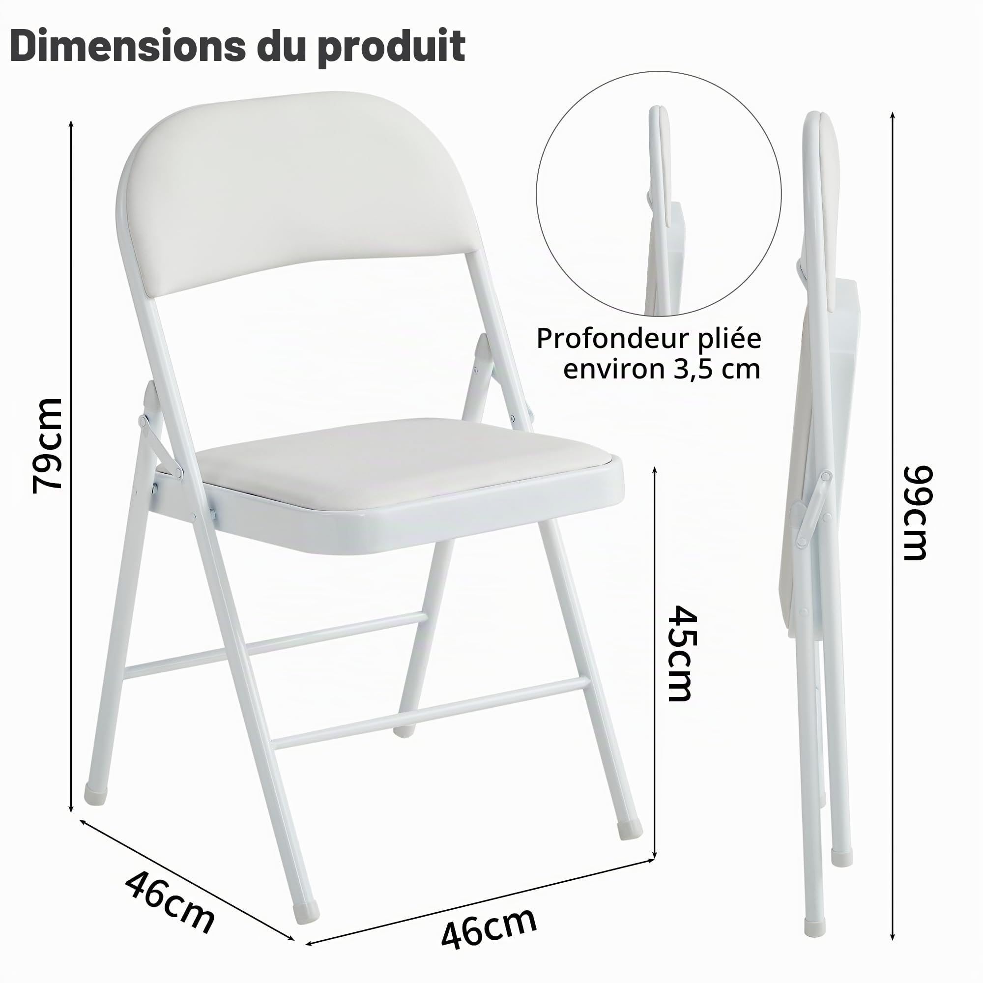 McC Direct Lot de 2 chaises pliantes en similicuir cadre métal siège rembourré facile rangement maison bureau salle à manger réception (blanc)
