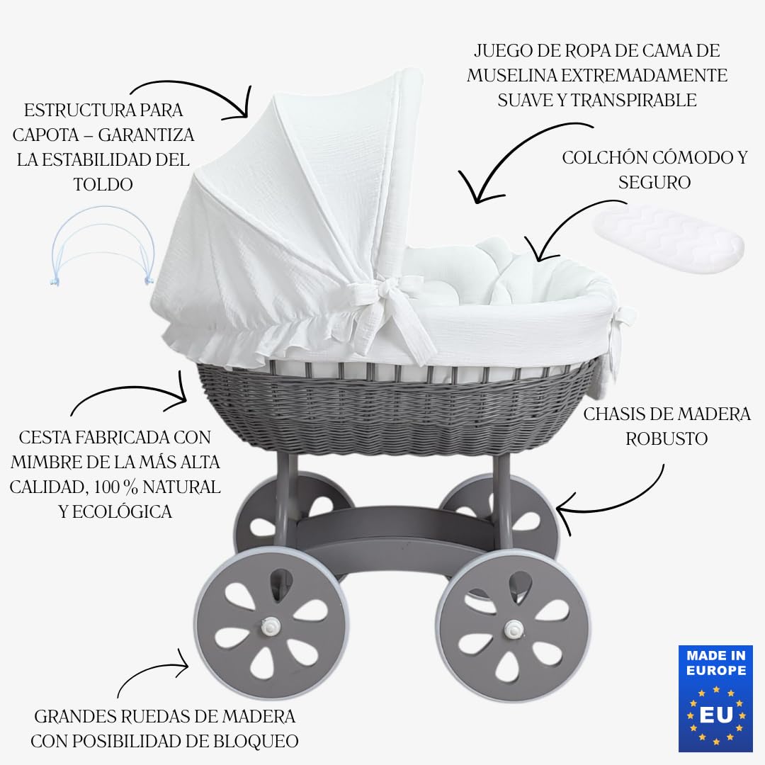 Wiklinopol Moisés de Mimbre para Bebé con Soporte de Madera y Ruedas Annabell – Cuna con Colchón y Ropa de Cama 5 Piezas Muselina Blanca – Cochecito Gris para Recién Nacido