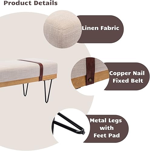 Miniatura 6 de HEAH-YO Juego de 1 banco de entrada industrial, extremo del banco de 44 pulgadas con cojín de asiento acolchado, de tela de lino, banco de comedor