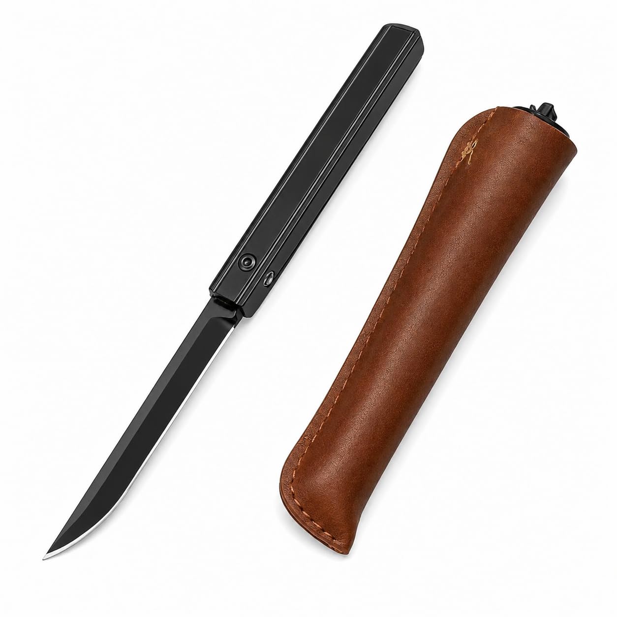 HUBREM Stainless Steel Knife | Ultra-Sharp with Leather Sheath - Slim Knife for Kitchen Use - Charcoal Black-image-7