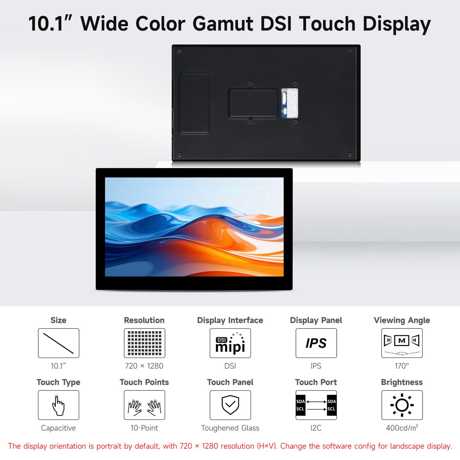 Waveshare 10.1inch DSI Capacitive Touch Display, Compatible with Raspberry Pi 5/4B and ESP32-P4, Wide Color Gamut, 720 × 1280, IPS Panel, Supports 10-Point Touch, Toughened Glass Panel