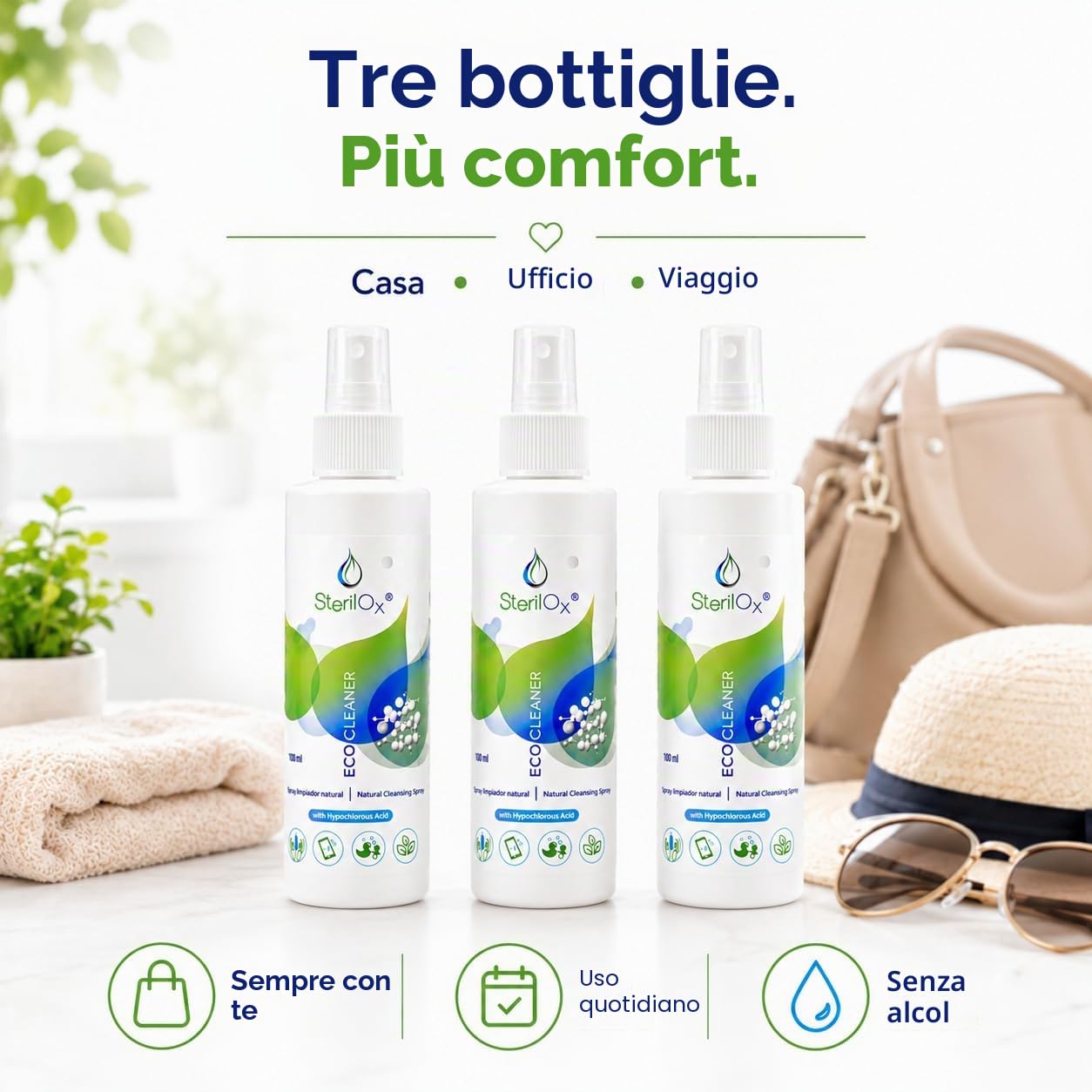 Spray 3 x 100 ml - Confezione cosmetica con acido ipocloroso | per mani, pelle e oggetti personali, sicuro per bambini e animali domestici, senza alcool e profumo