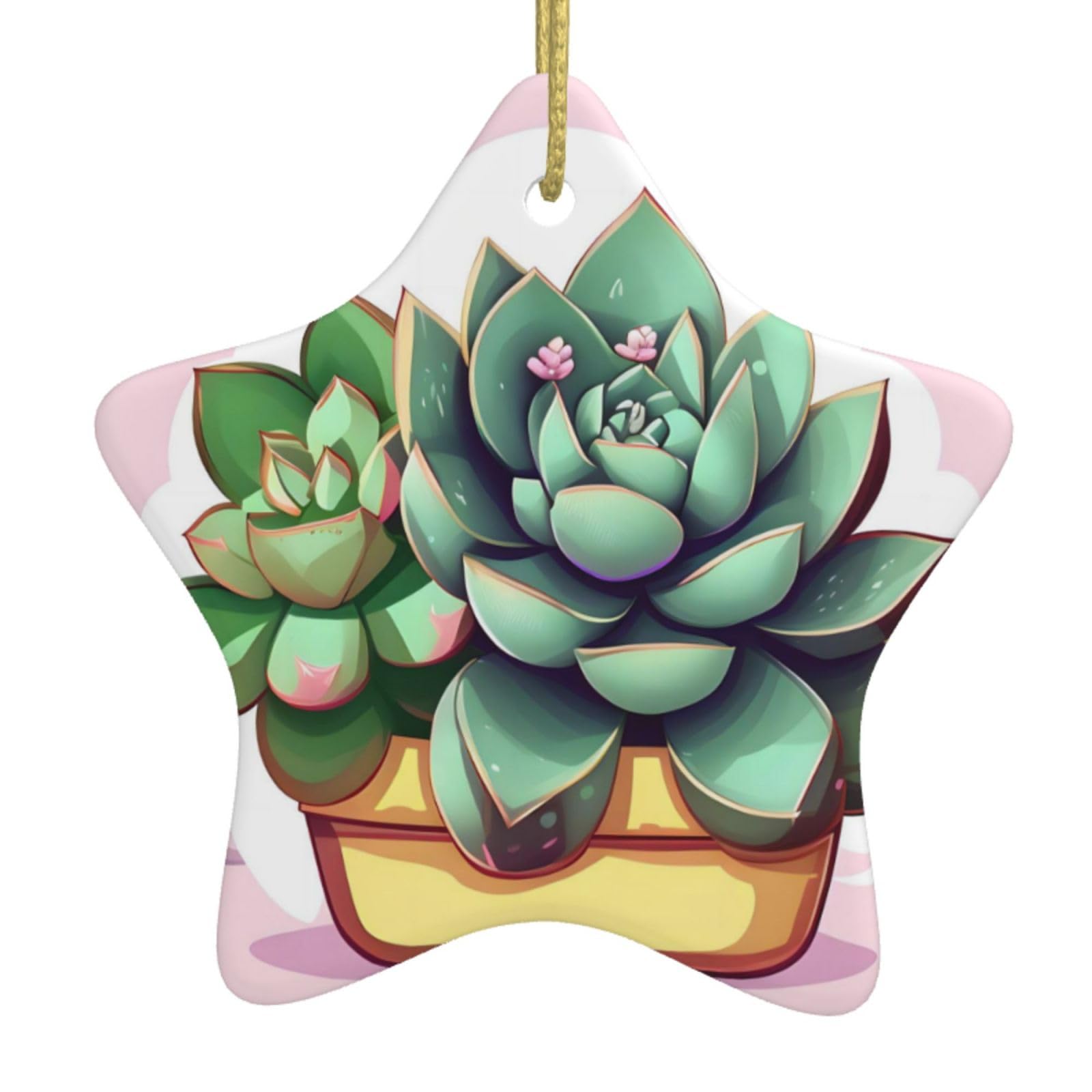 Cartoon Succulents Christmas Ceramic Star Pendant with Punched Holes and Gold Wire Rope, Christmas Tree Home Decoration