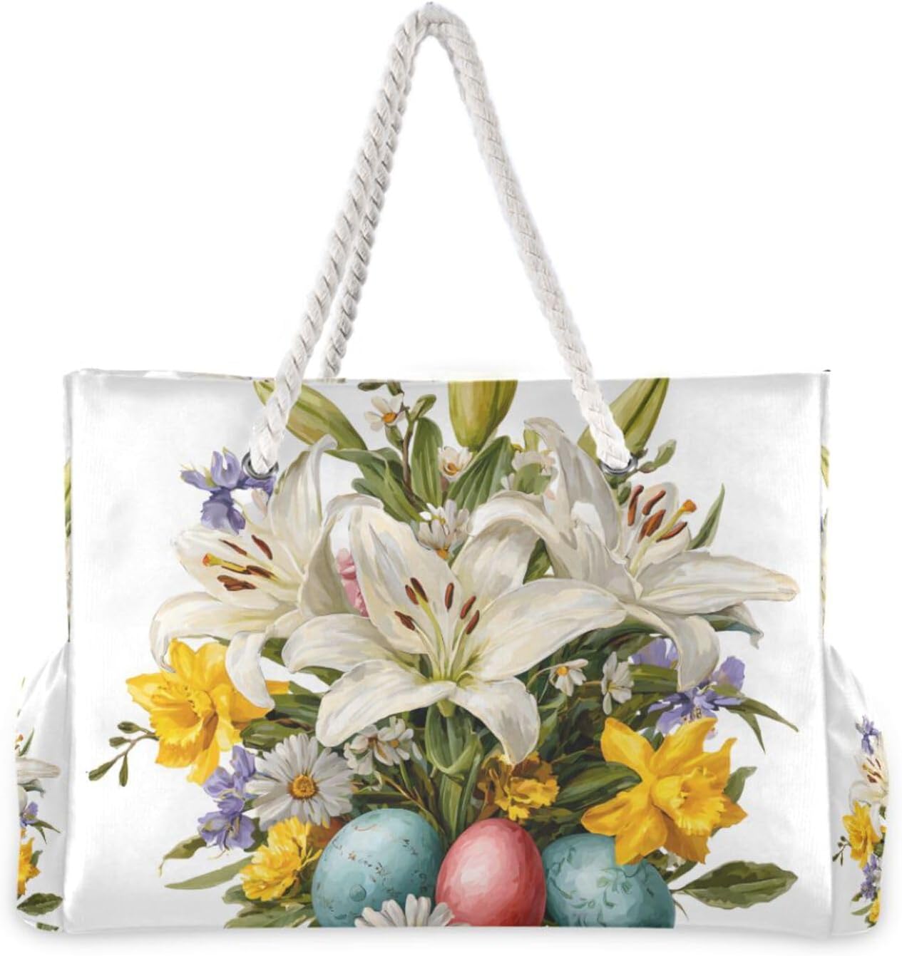 OTVEE White Lily and Daisy Easter Beach Bags for Women Ladies Large Canvas Tote Shoulder Bag Waterproof Travel Bags for Gym Swim Pool Camping