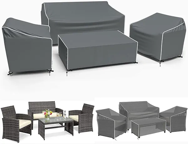 Gasadar Patio Furniture Covers, 4-Piece Outdoor Furniture Cover Waterproof for Patio Loveseat, Chair and Coffee Table, 600D Heavy Duty, Grey