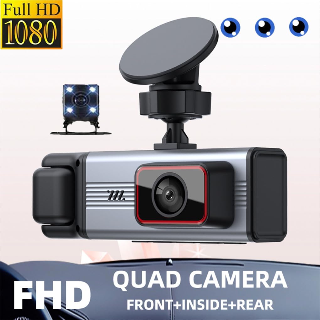 Telecamera da cruscotto tripla 1080P ottimizzata per auto, include | monitoraggio anteriore, posteriore e abitacolo, registrazione HD, schermo diviso, visualizzazione simultanea, telecamera