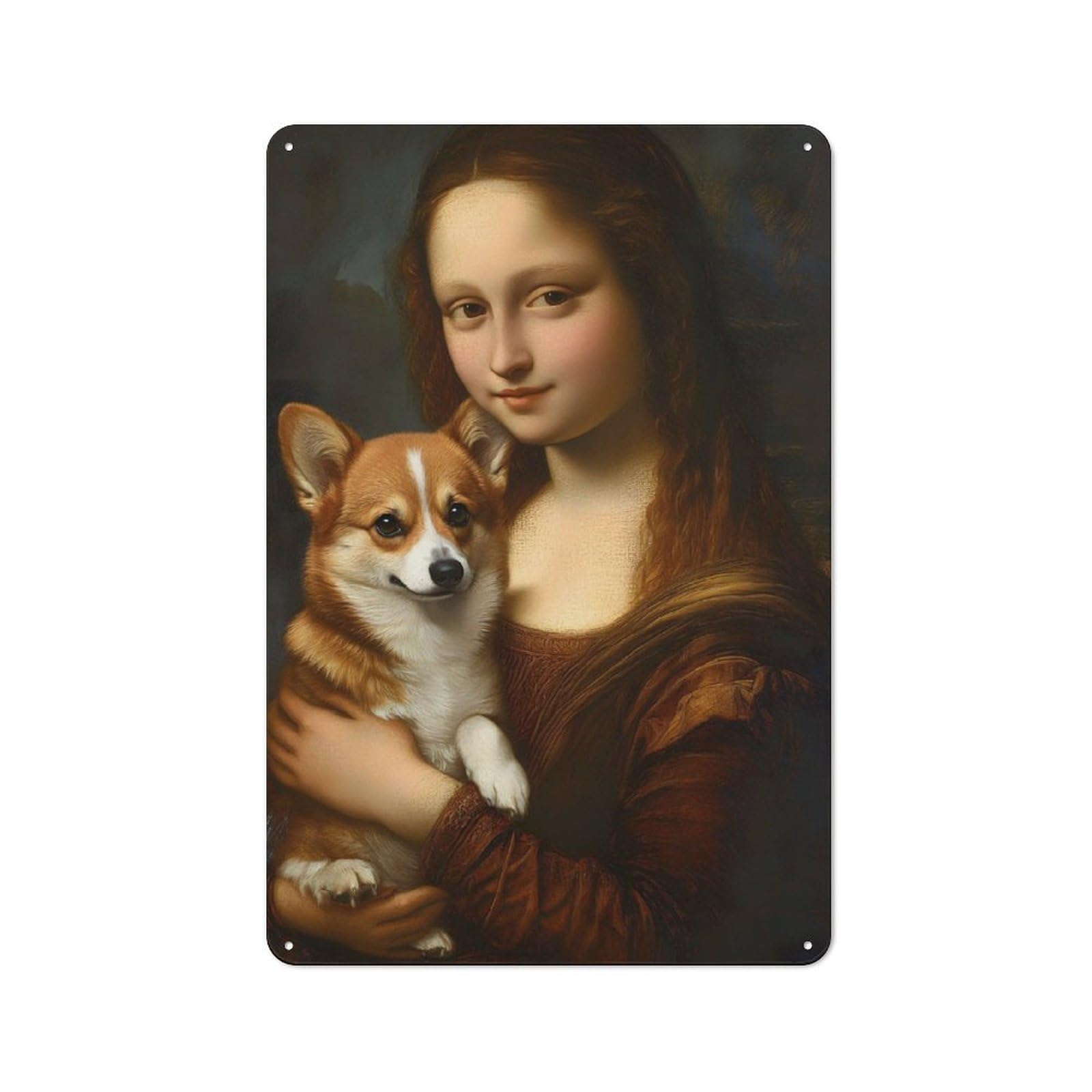 Mona Lisa with Corgi Decorative Tin Sign 30x20cm, Old Fashioned Vintage Wall Decor for Lounge, Study, Pub Or Wall Gallery