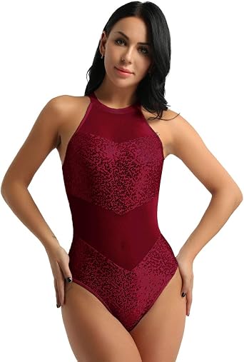 YiZYiF Womens Adult Mesh Illusion Halter Neck Sequins Costume Ballet Dance Leotard
