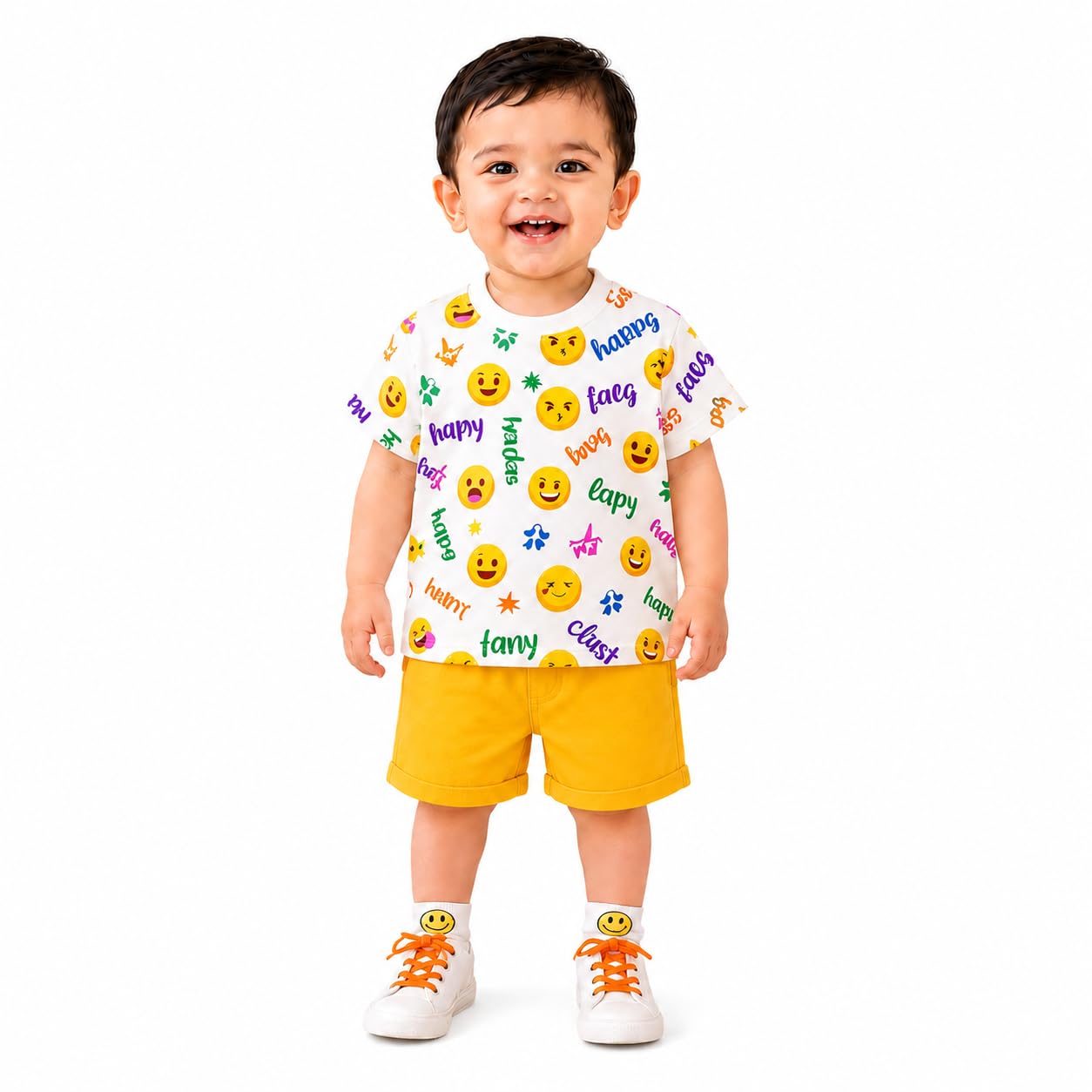 gift for you Baby Boys' Cotton T-Shirt and Shorts Co-ord Set | Fun Emoji Print Half Sleeve Top with Yellow Elastic Waist Shorts | Infant & Toddler Casual Wear-picture-15