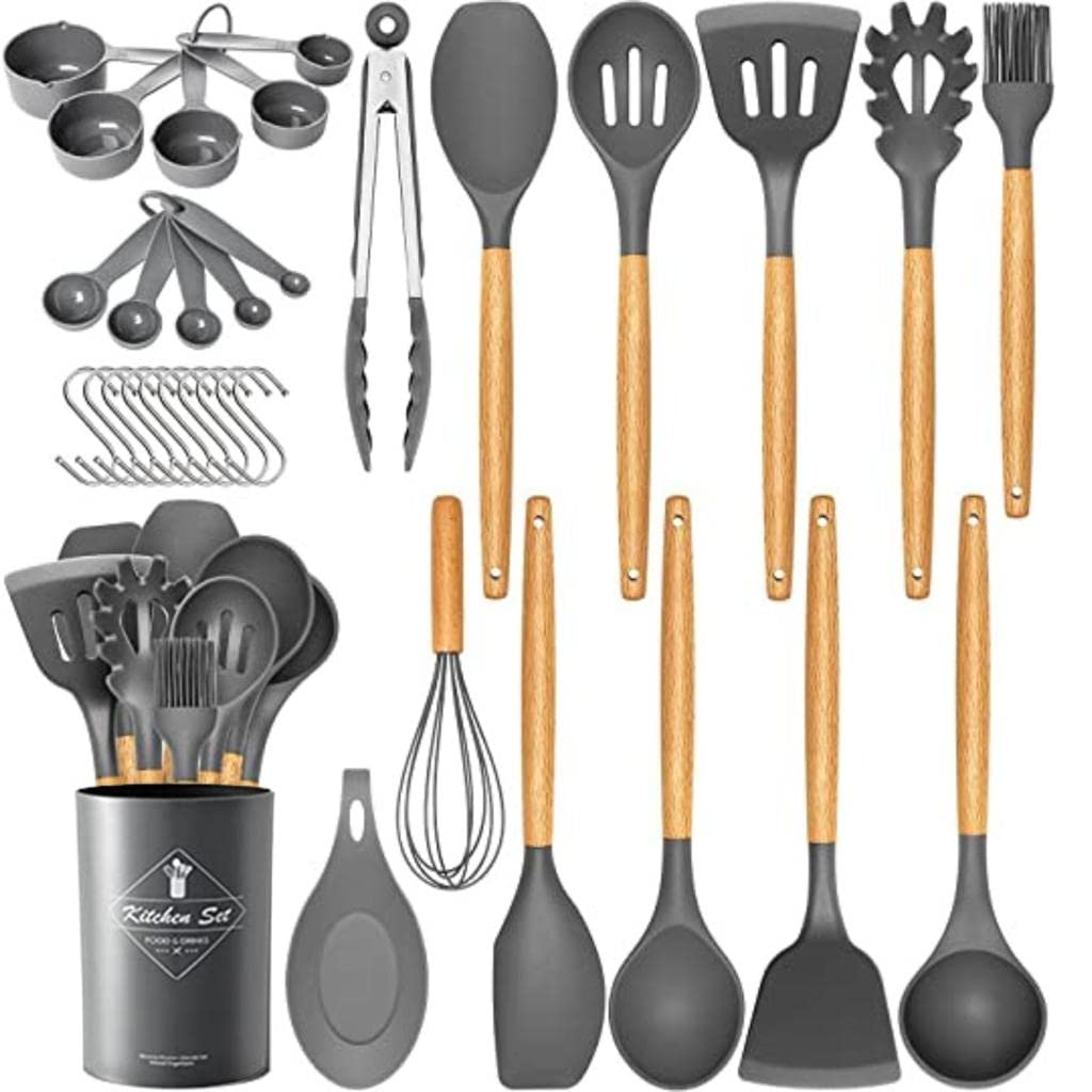 AHASON'S Set di utensili da cucina in silicone resistenti al calore da 230 °C a 230 °C, pinza, cucchiaio, spatola, pennello, frusta con supporto, utensili da cucina, set di utensili da cucina