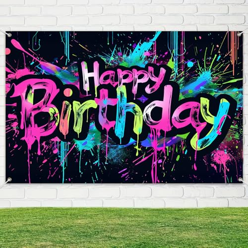 Image of HOMETITUTE Neon Happy Birthday Banner 120x84 inch Photography Backdrops Party Background Decorations Colorful Graffiti Splash Paint KidsBirthday Supplies Glow in The Dark