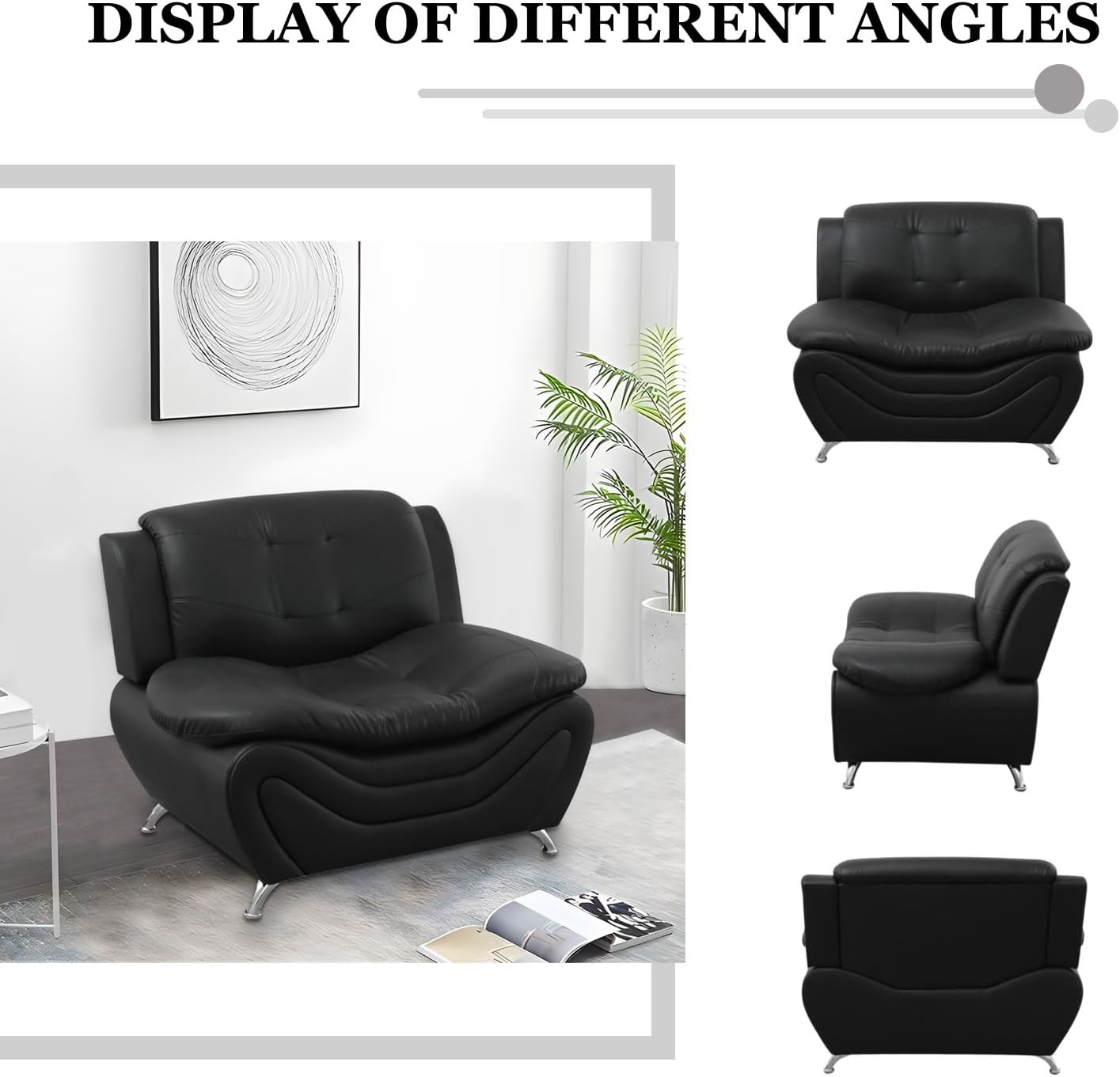 Faux Leather Sofa Set for Living Room, 3 Piece Living Room Furnituer, Modern Couch Set with 3-Seater Couch, Loveseat and Armchair (Black 2, Chair+Sofa+Loveseat) Chair+Sofa+Loveseat Black 2