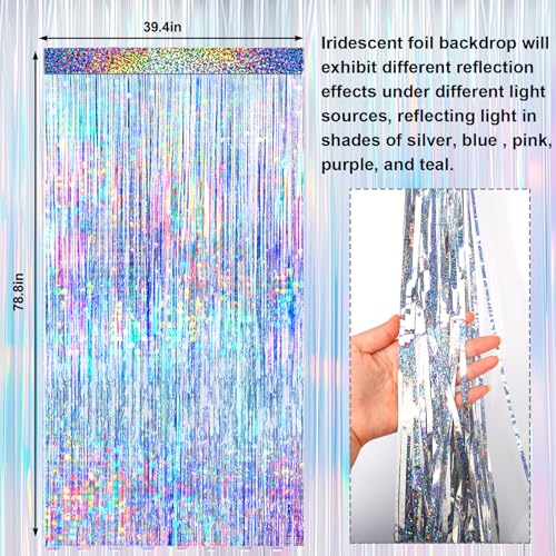 Image of 4 Packs Silver Foil Fringe Curtain, Silver Glitter Metallic Tinsel Backdrop for Birthday, Wedding, Baby Shower, Bachelorette, 70s 80s 90s Theme Disco Party, Iridescent Party Decorations Supplies