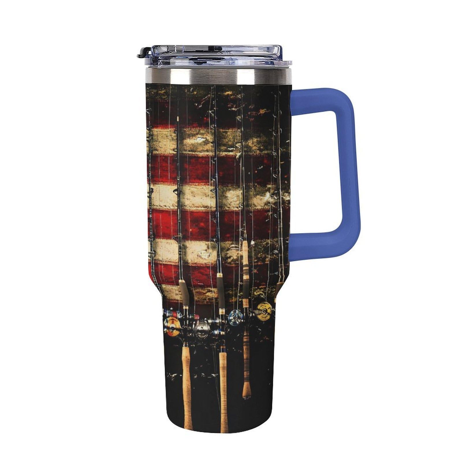 Becher mit Griff und Angelrute mit USA-Flagge, 1,2 l, Reise-Kaffeebecher, großes Fassungsvermögen, Autobecher, Wasserflasche