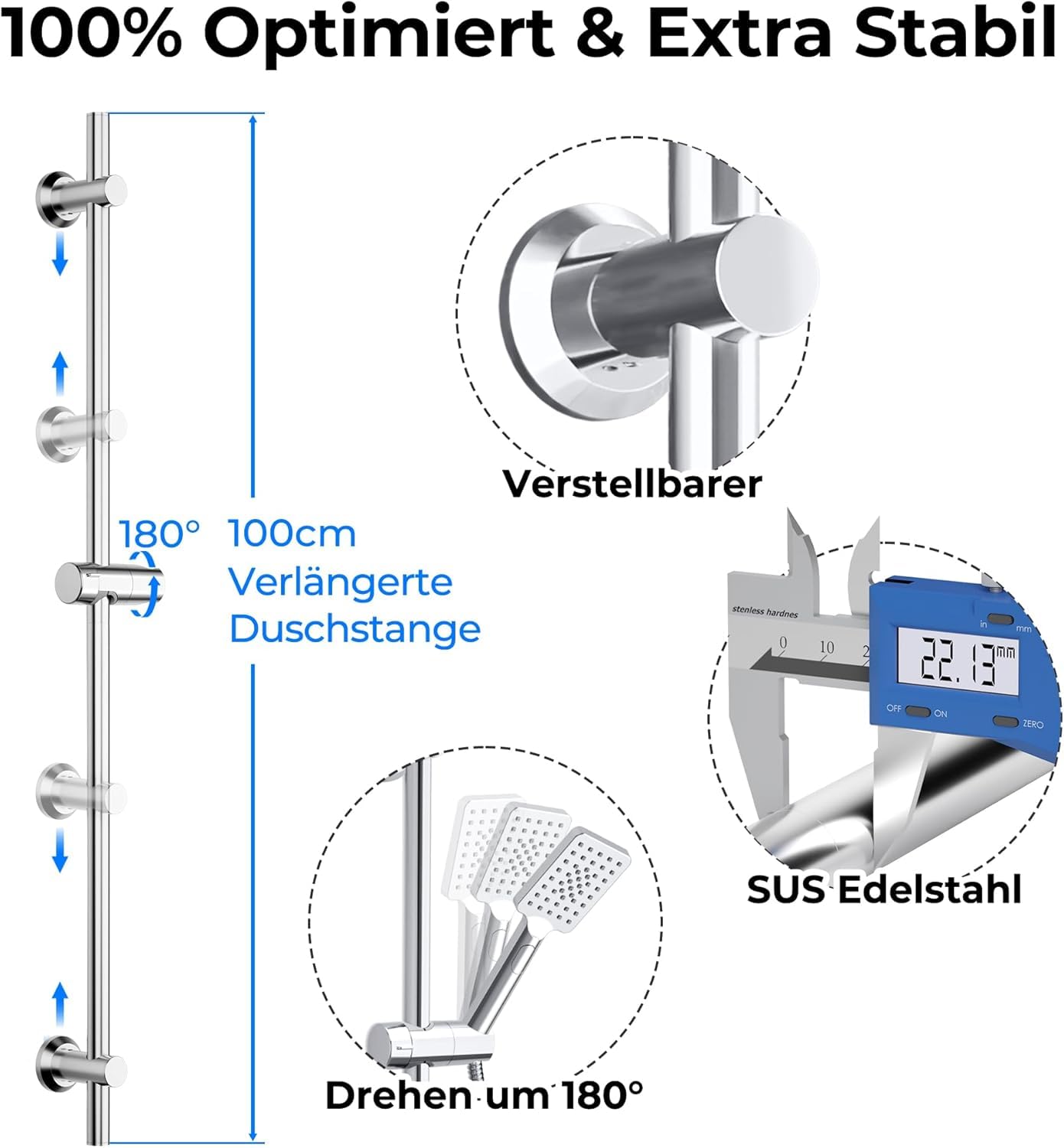 Görbach Duschstange -100 cm Edelstahl Brausestange– 22 mm Ø, flexibel 30–94 cm verstellbare Wandhalter, passend für vorhandene Bohrlöcher, höhenverstellbar & passend für alle Handbrausen