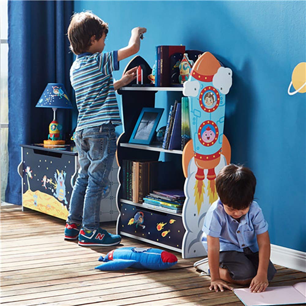 Bookshelf DD-opslag massief hout kinderen 3 lagen raket boekenkast met laden, standaard speelgoed opbergrek doos voor kleuterschool / kinderkamer / speelkamer