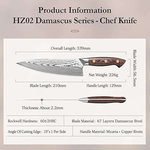 Miniatura 2 de HEZHEN Cuchillo de chef de Damasco con funda, 8.3 pulgadas, 67 capas, cuchillo de cocina japonés de acero Dmascus para chefs profesionales y